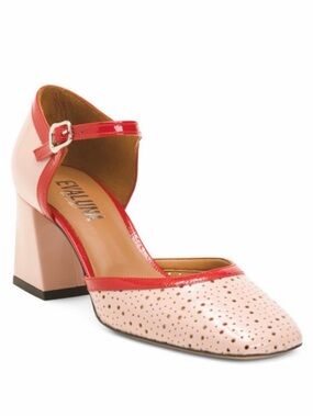 Evaluna Slide Rosa Pink and Red Perforated Block Heel Mary Jane